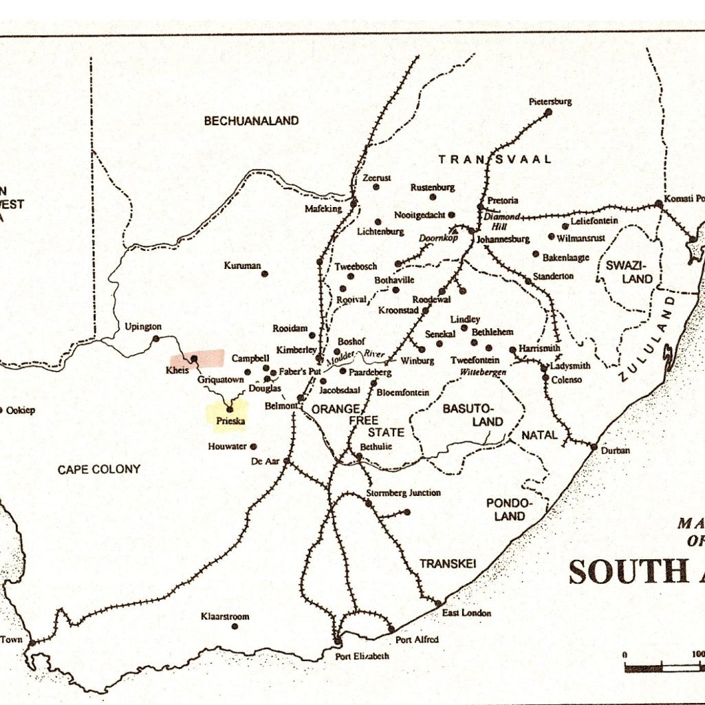 Map of South Africa highlighting cities and major routes.