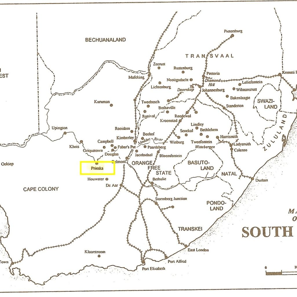 Map of South Africa highlighting various locations, with a marked area for Prieska