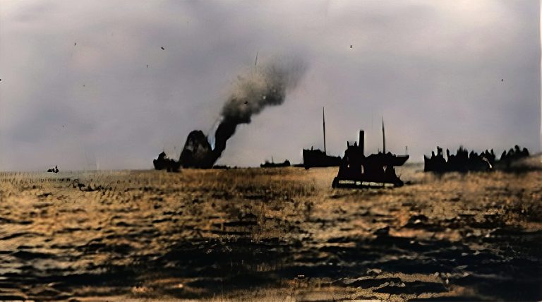 Steamship sinking, emitting smoke in a body of water, with silhouetted boats in the background.