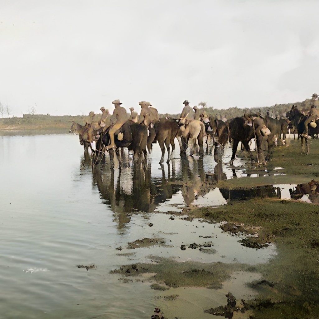 Cavalry on horseback near a water body, with reflections and landscape in the background.