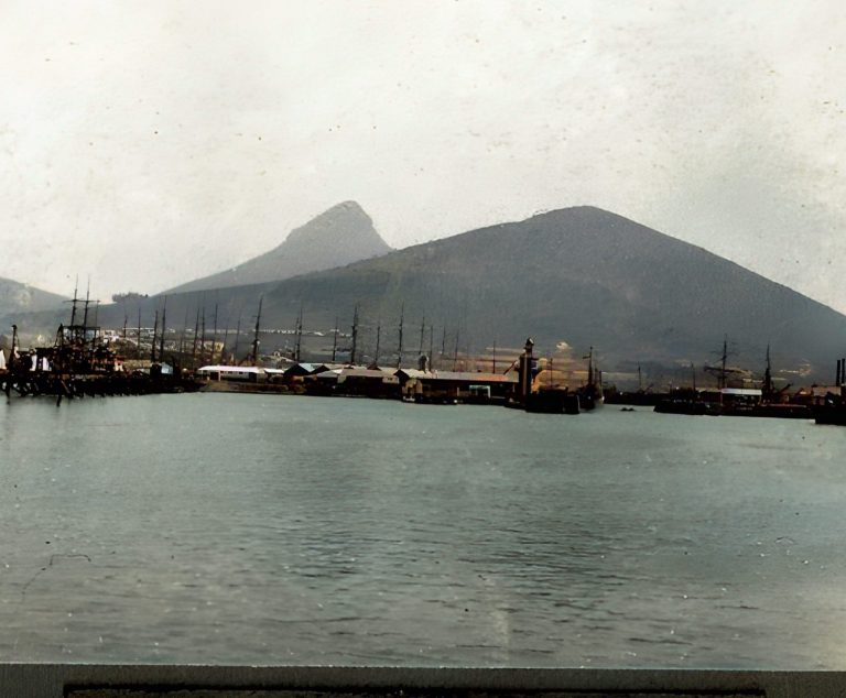 Harbour scene with ships and mountains in the background under a cloudy sky.