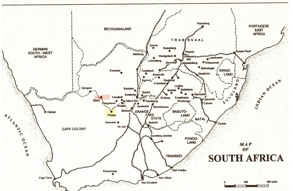 Map of South Africa showing major cities and routes.