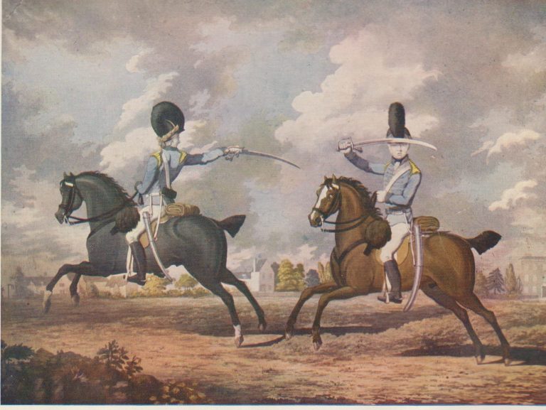 Two cavalry officers in formal uniforms, riding horses in a dynamic pose against a landscape.
