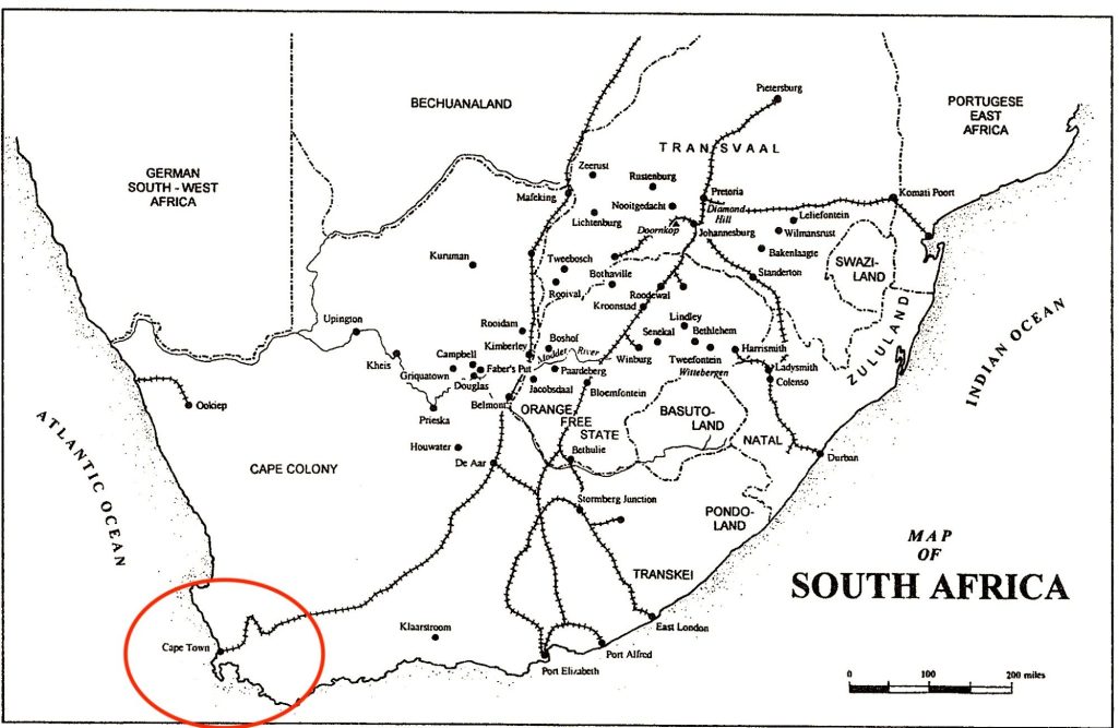 Map of South Africa highlighting major cities and geographical features, Capetown Ringed