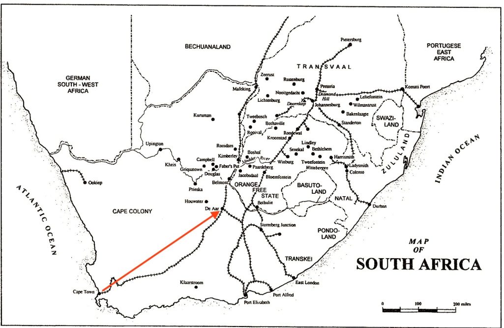 Map of South Africa showing major cities and transport routes, with an arrow indicating a location.