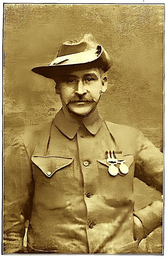 A historical portrait of a soldier in uniform with medals and a slouch hat.