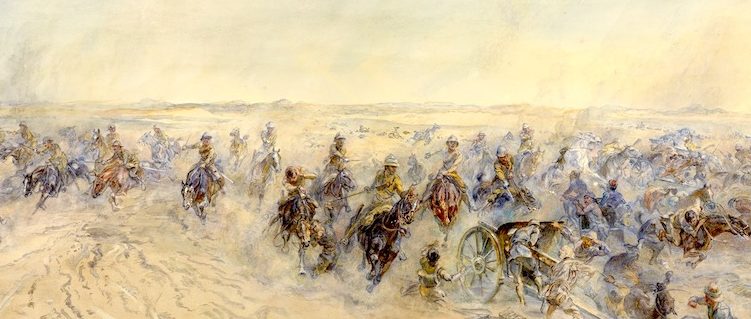 A blurred scene of soldiers on horseback charging across a landscape.