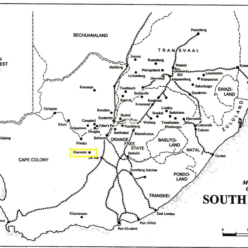 Map of South Africa showing major cities, roads, and regions, with a highlighted area.