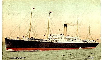 Black and white steamship with two tall smokestacks, sailing in calm waters. SS Erie