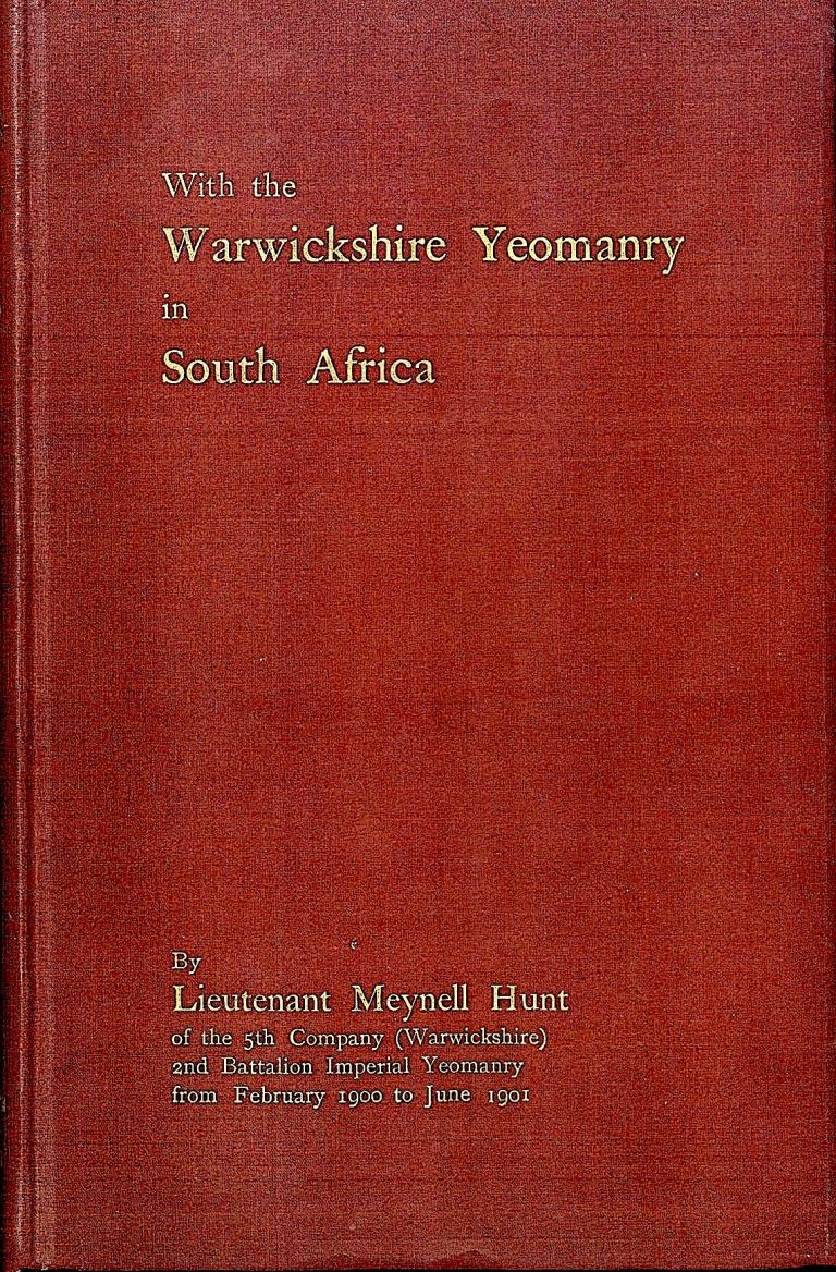 Red book cover titled "Warwickshire Yeomanry South Africa" by Lieutenent Meynell Hunt.