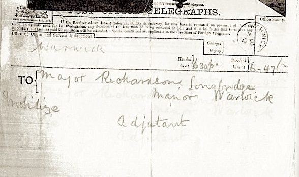 Telegram addressed to Mayor Richardson from adjudant, Warwick, dated February 1917.